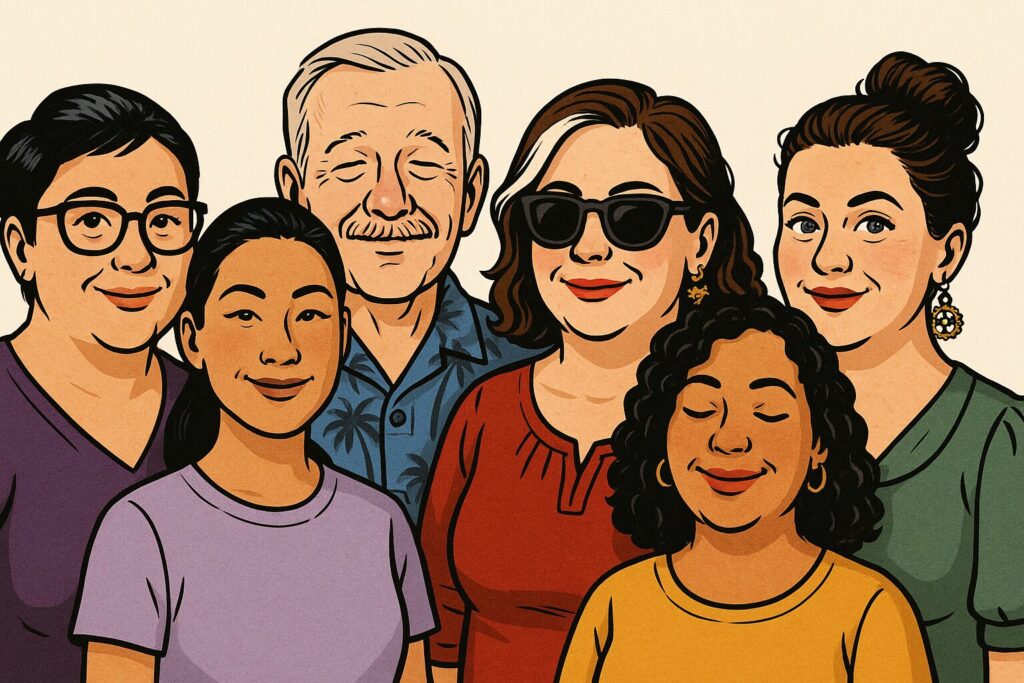 A group portrait of six adults smiling warmly against a soft cream background. From left to right: an Italian woman with short dark pixie hair, rectangular glasses, and a deep purple blouse; a Korean woman with sleek black hair in a ponytail and a lavender shirt; an older white man with nearly white hair, a pale mustache, and a blue Hawaiian shirt patterned with palm trees, eyes closed in a gentle smile; an Irish woman with brown hair streaked with white at the part, slightly fuller figure, dragon earrings, sunglasses, tinted gloss, and a red medieval blouse; a Latina woman with shoulder-length curly hair worn down, small hoop earrings, a rounded face, eyes closed, and a yellow shirt; and an Irish woman with light skin, straight brown hair pulled into a messy bun, large deep blue eyes, a slightly fuller figure without a double chin, clockwork earrings, minimal vintage makeup, and a softly draped green 1940’s blouse.