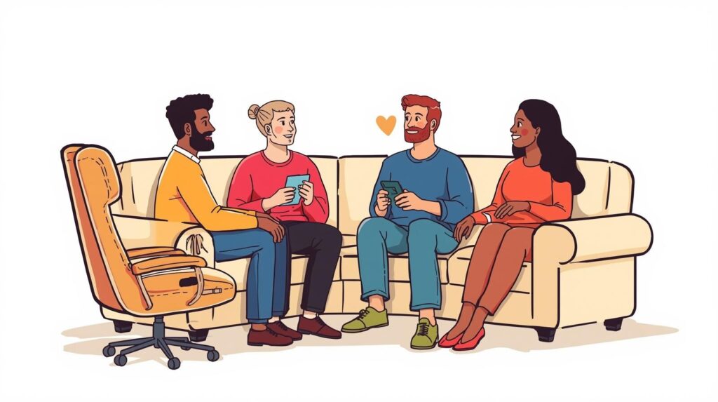 Illustrated scene of four adults sitting together on a beige couch having a friendly conversation. A man in a yellow sweater and blue pants sits on the left, next to a person with light hair in a red shirt holding a cup. Across from them sits a red-haired man in a blue shirt and teal pants, and a woman with long dark hair wearing an orange dress. They are all smiling warmly, with a small orange heart floating between them, conveying connection and comfort. An empty office chair sits nearby, adding to the relaxed, inviting atmosphere.