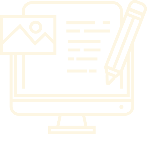 Simple cream colored line illustration of a computer monitor displaying a document with text lines and an image thumbnail on the screen. A large pencil leans diagonally across the right side of the monitor, symbolizing writing or editing. The design represents blogging, content creation, or digital writing.