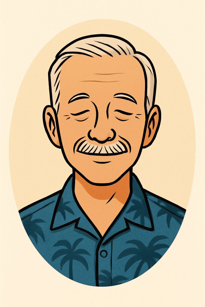 A semi-realistic illustrated portrait of an older light-skinned man with nearly white hair and a pale blond mustache. His eyes are closed in a gentle smile. He wears a blue Hawaiian shirt patterned with palm trees, set against a light cream background with a soft oval frame.