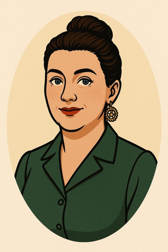 A semi-realistic illustrated portrait of a light-skinned Irish woman with dark brown hair styled in a neat bun. She wears minimal vintage makeup, a fitted green 1940’s-style blouse with a collar, and dangling clockwork earrings. She looks ahead with a gentle smile, framed by a soft cream oval background.