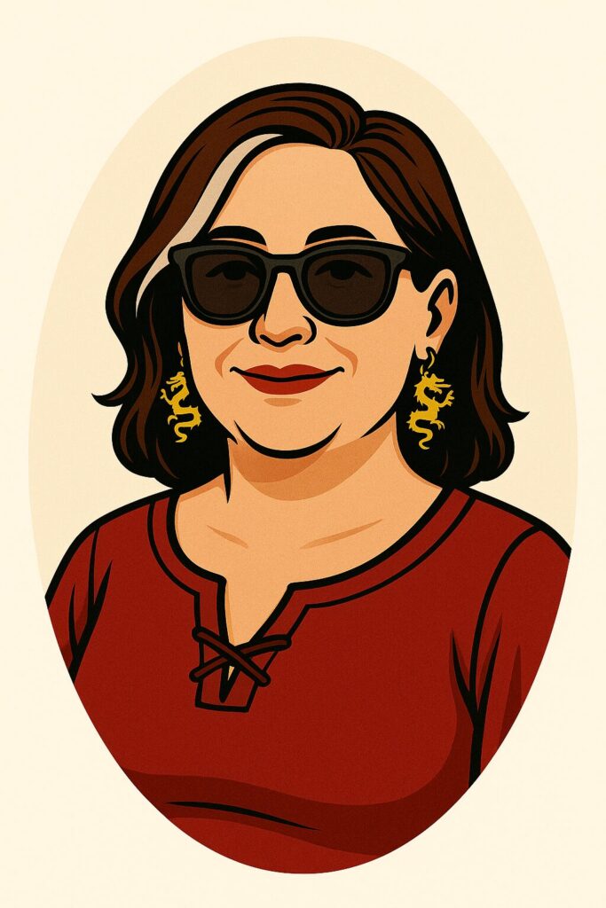 A semi-realistic illustrated portrait of a light-skinned Irish woman with dark brown hair that has a white streak at the part. She wears black sunglasses, gold dragon-shaped earrings, and a structured red medieval-inspired blouse with a lace-up neckline. The background is light cream with a soft oval frame.