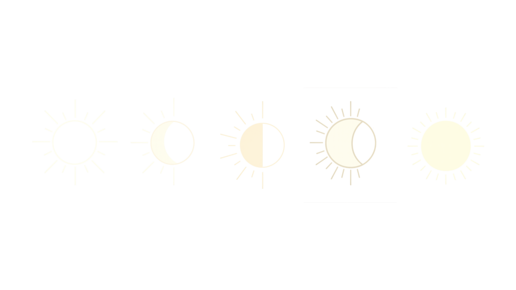Minimalist beige-on-black illustration showing five stages of a solar eclipse. From left to right: the full sun with rays, the moon beginning to cover the sun, a half-covered sun, the moon nearly completing its overlap, and finally the sun fully revealed again. Each stage is drawn with clean circular shapes and radiating lines representing sunlight.