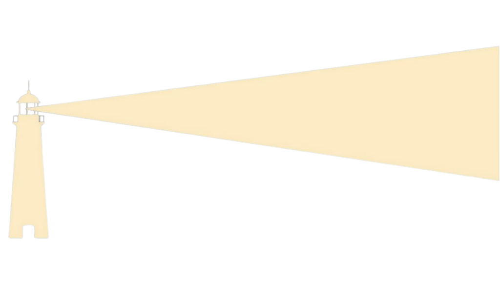 Minimalist beige illustration of a lighthouse standing on the left side, projecting a wide triangular beam of light toward the right. The light symbolizes guidance, safety, and direction. The background is transparent, emphasizing the lighthouse and its steady beam.