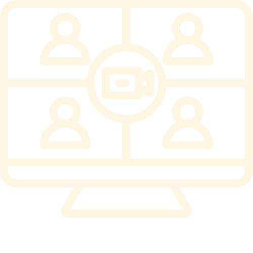 Cream colored line illustration of a computer monitor displaying a video call interface. The screen is divided into four squares, each showing a simple person icon, representing participants. A small video camera icon is centered, symbolizing a live virtual meeting or online class.