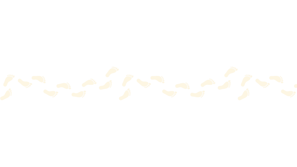 Light cream colored footprints, matching the color of the text, walking from the left hand side of the screen to the right. 