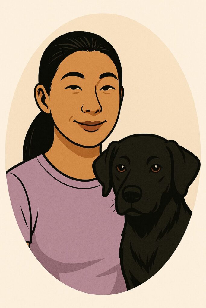 A semi-realistic illustrated portrait of a Korean woman with lightly tanned skin, dark hair tied in a sleek ponytail, and a gentle smile. She wears a light purple shirt and sits beside a black Labrador whose head rests near her shoulder. The background is light cream with an unlined oval composition.