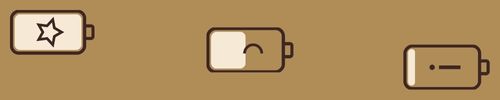 Three simplified battery icons arranged horizontally on a tan background, showing different energy levels from left to right: a mostly full battery with a star symbol inside, a partially filled battery with a curved line indicating moderate power, and a nearly empty battery with a short dash indicating very low charge.