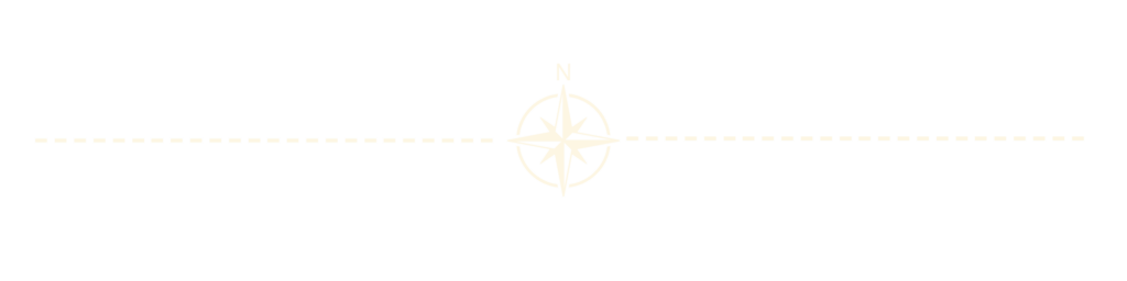 Minimalist cream-colored illustration of a compass rose centered on a dashed horizontal line. The compass shows a star-shaped directional symbol with the letter “N” at the top, indicating north. The design suggests navigation, orientation, and finding direction.
