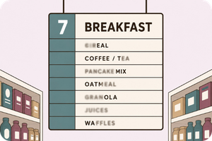 Illustration of a grocery store aisle sign labeled “Breakfast,” viewed from below between store shelves, with several category words partially blurred or faded to simulate difficulty reading the sign clearly.