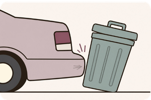 Illustration of the rear bumper of a dusty plum car lightly bumping into a muted teal trashcan, with a small impact mark between them.