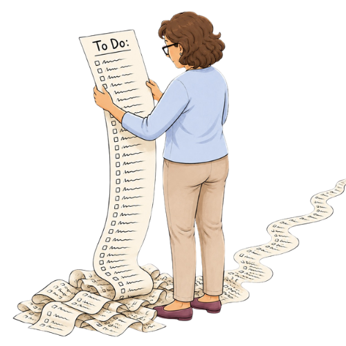 Illustration of a woman reading an endless to-do list that spills onto the floor and trails off the page behind her.