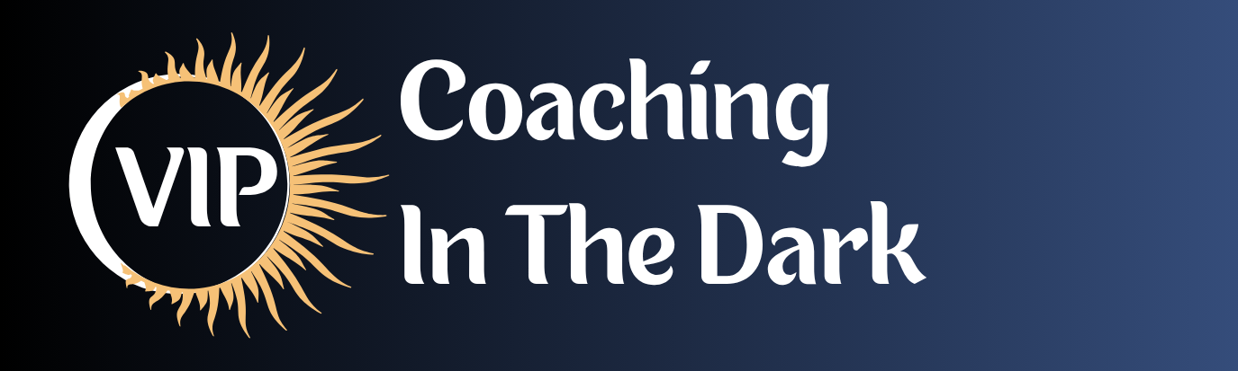 VIP Coaching In The Dark logo with white “VIP” inside a black eclipse with gold sun rays, beside white “Coaching In The Dark” text on a midnight blue background.