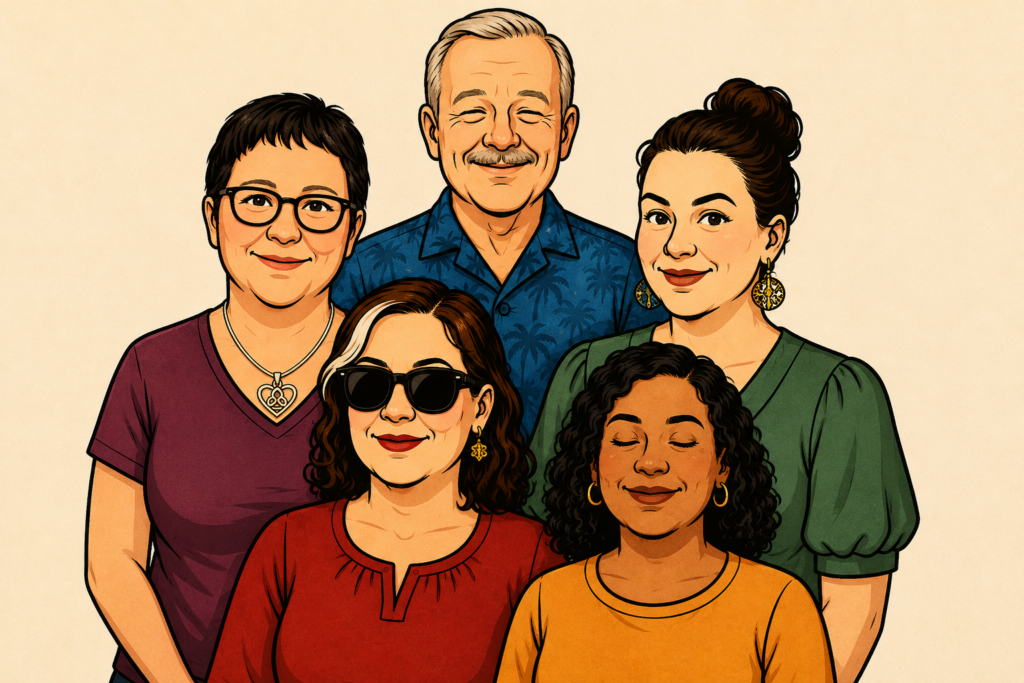 Illustrated group portrait of five VIP Coaching In The Dark team members arranged in three rows. Todd stands in back, Marja and Desirée are in the middle, and Teresa and Jael are in front, all smiling against a warm cream background.