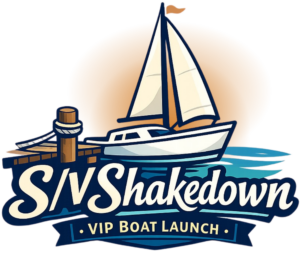 Sailing Vessel Shakedown logo featuring a cream-and-navy sailboat tied to a wooden dock above calm blue water with a sunrise glow behind the sails. Large text reads “S/V Shakedown,” with “VIP Boat Launch” on a navy banner below.